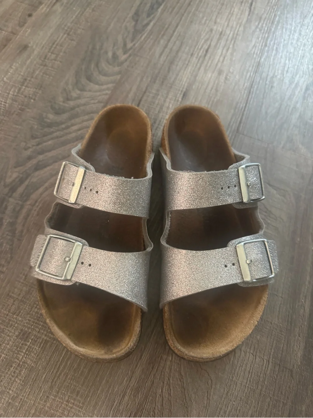Birkenstock Kids Glitter Silver Arizona Two-Strap Sandals